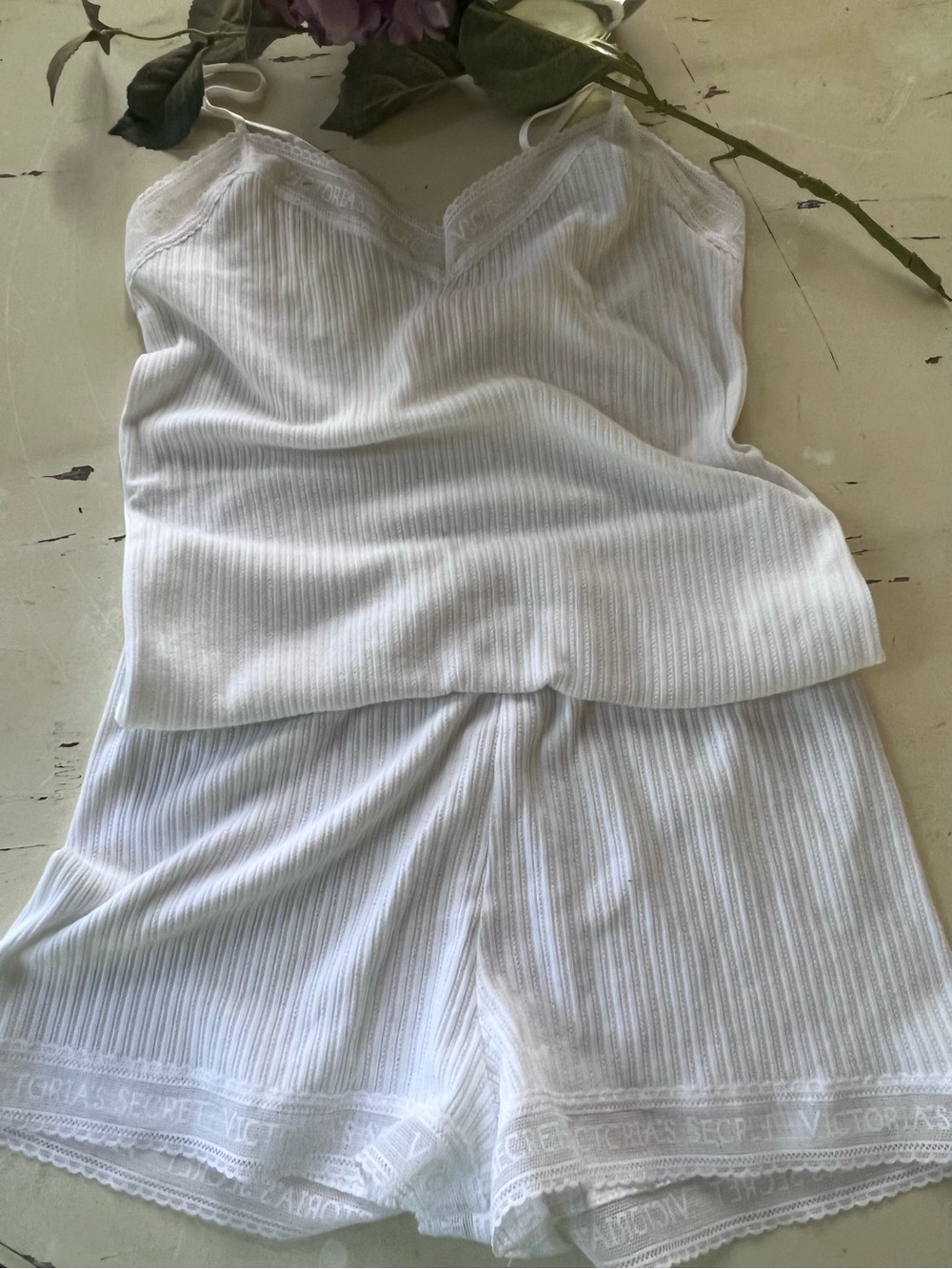 Victoria’s Secret White Ribbed Lace-Trim Cami & Short Sleep Set XS